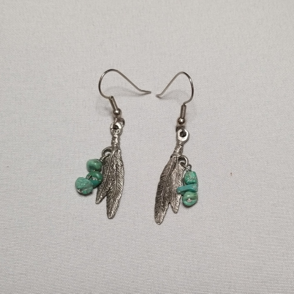 Silver feather and stone earrings